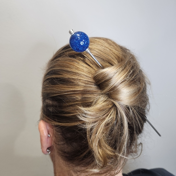 Cosmic Blue Starlight Sphere Stainless Steel Hair Stick, Glitter Orb Updo Pin - Picture 2 of 5